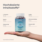 Eine Hand hält eine Dose yuicy® Goodbye Stress Gummies. Auf dem Etikett steht „GABA + L-Theanin“. Daneben sind die Inhaltsstoffe pro Portion (2 Stück) aufgelistet:
– GABA: 100 mg
– L-Theanin: 25 mg
– Zitronenmelisse: 75 mg
– Niacin: 16 mg
– Vitamin B6: 0,9 mg
– Vitamin B12: 2 µg
Text oben: „Hochdosierte Inhaltsstoffe“.