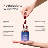 Eine Hand lässt mehrere vitaminhaltige Schlaf-Gummibärchen in ein geöffnetes Glas mit der Aufschrift „Deep Sleep“ fallen. Neben dem Glas sind die enthaltenen Wirkstoffe mit Dosierung aufgelistet: Melatonin 0,5 mg, Lavendel-Extrakt 1 mg, Zitronenmelissen-Extrakt 10 mg, Baldrian-Extrakt 20 mg, Kamillenblüten-Extrakt 10 mg. Überschrift: „Hochdosierte Wirkstoffe“.